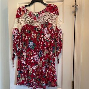 Umgee Floral Lace Yoke Red Women’s Dress